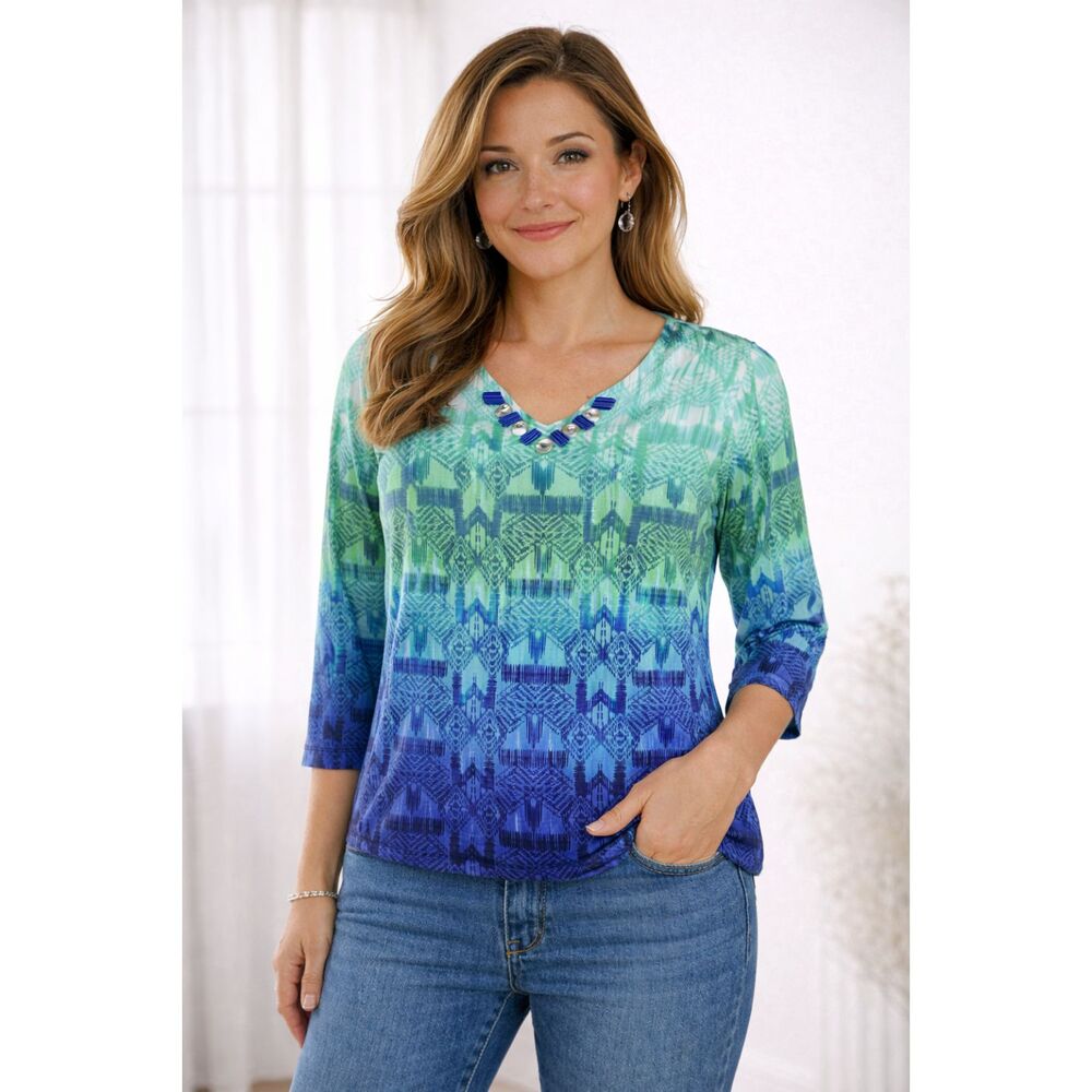 Ruby Rd Petite Women’s Size L Blue/Green Aztec Ombre Geometric 3/4 Sleeve Top #1